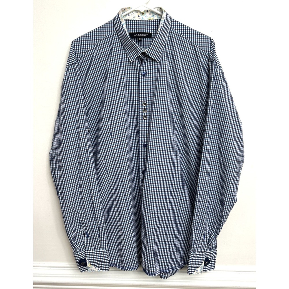 Bogosse Mini Plaid Shirt Men's Size 5 (US XL) Blues White Cotton Contrast Detail